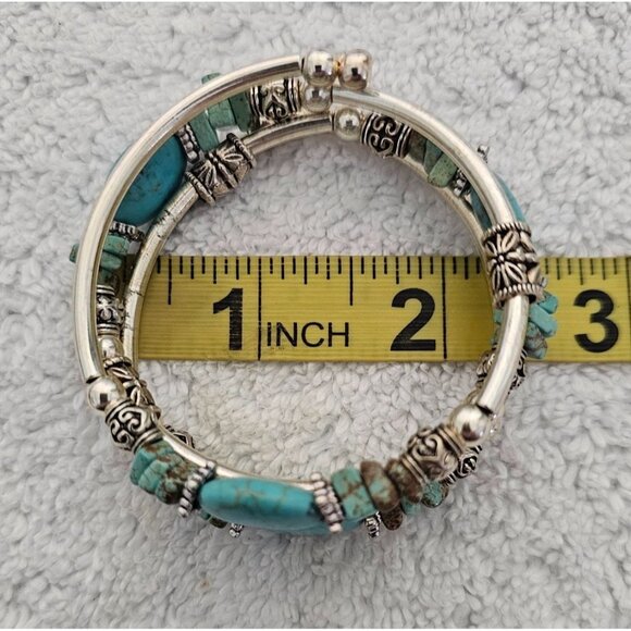 Turquoise & Silver Tone Beaded Coil Wrap Bracelet - 2 Inches Diameter - Picture 3 of 5